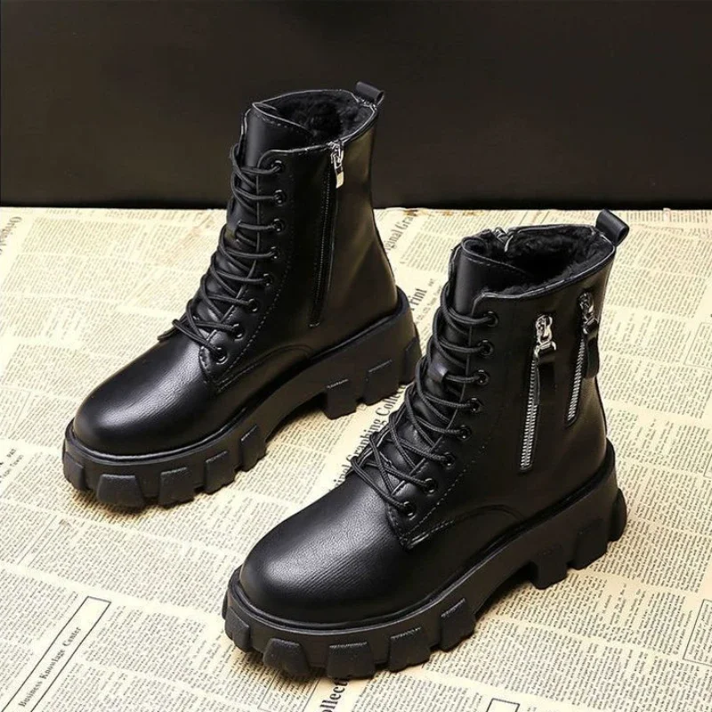 

Women's Snow Boots Chunky Wedge Heel Shoes for Woman Lace-up Punk Style Platform Combat with Laces Tassel Winter 2023 Comfrtable