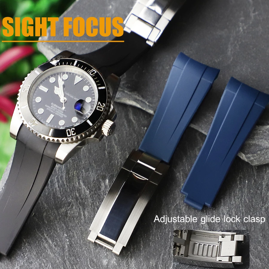 

20mm Curved End Rubber Watch Band for Rolex Submariner Yachtmaster GMT Wrist Watch Strap Glidelock Buckle Adjustable Watchbband