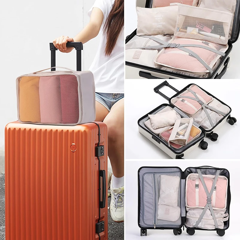Waterproof Travel Packing Cubes Set with Drawstring Storage Pouches - 8-Piece Luggage Organizer for Clothes, Shoes, Underwear, and Cosmetics