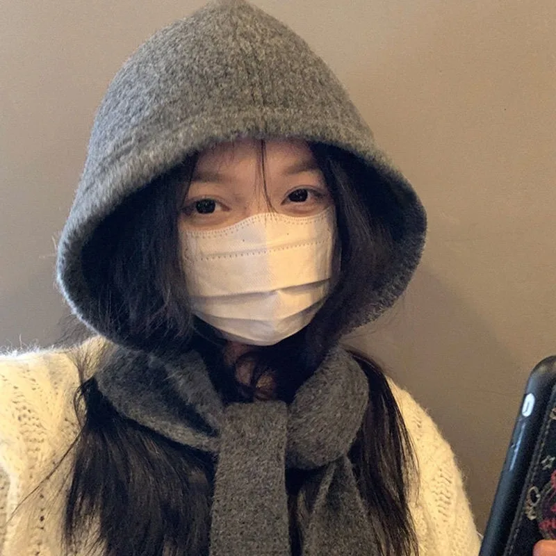 Korean Hats Scarf Set with Botton Scarf Balaclava Hat Warm Neck Set Women Knitted Wool Pullover Hat Gothic Y2k Winter