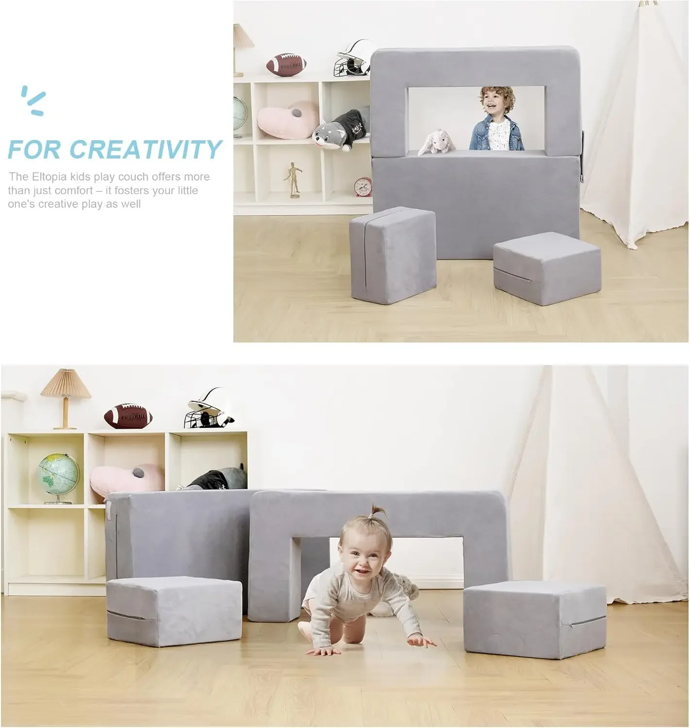 Modular Kids Sofa,Toddler Couch Foam Armchair for Kids, Children Convertible Plush Sofa Play Set,Fold Out Sofa Bed(Grey)