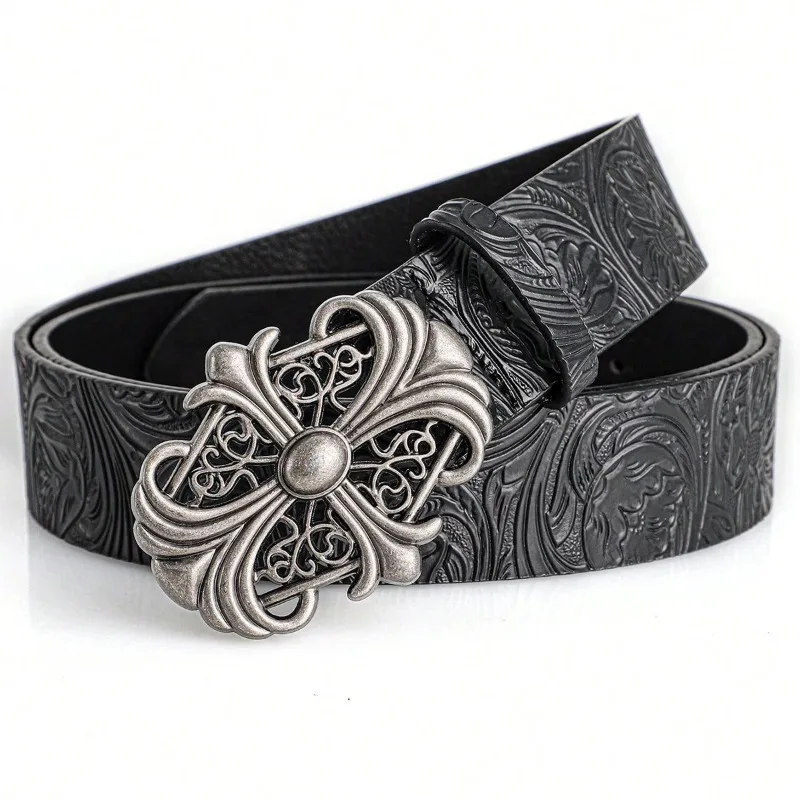 Retro Men's Belt Chic Black PU Leather Fashionable Retro Punk Rock Style Girl Spicy Lotus Texture Hollow Smooth  Buckle