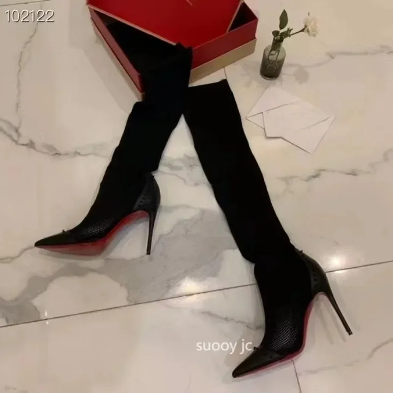 

Роскошные вязаные модные брендовые женские ботинки с красной подошвой, тянущиеся черные сексуальные женские ботинки для весны и осени