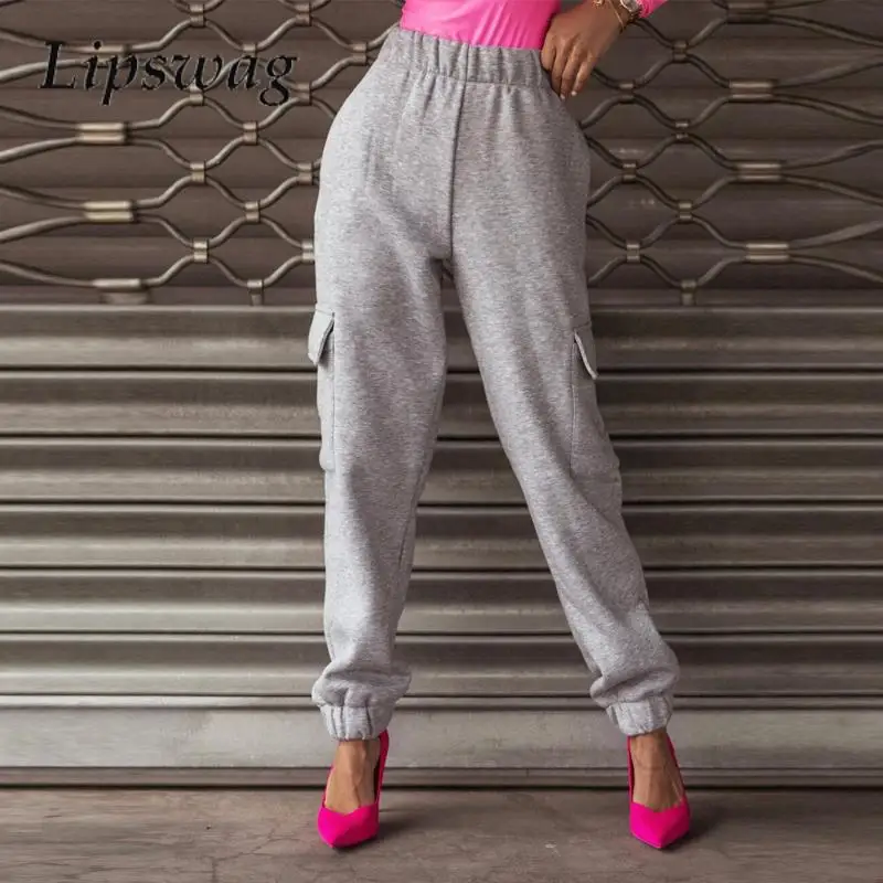 

Casual Solid Color High-Waisted Sweatpants Fashionable Warm Commuter Pants Women Elegant Pockets High Street Versatile Trousers