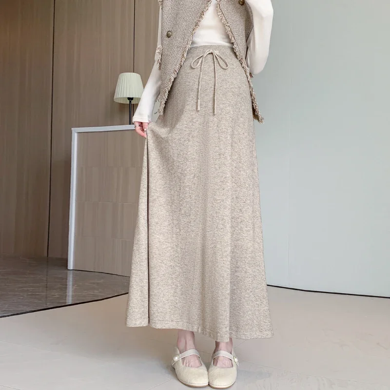 Autumn Winter Fashion Dense Knitted Long Skirts Maternity Drawstring High Waist A line Slim for Pregnant Women Youth Pregnancy