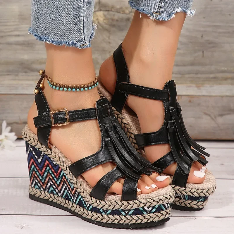 

Slope Heel Sandals for Women 2024 Summer New Thick Sole Leather Face Fish Mouth Ethnic Style Large Sandals for Women