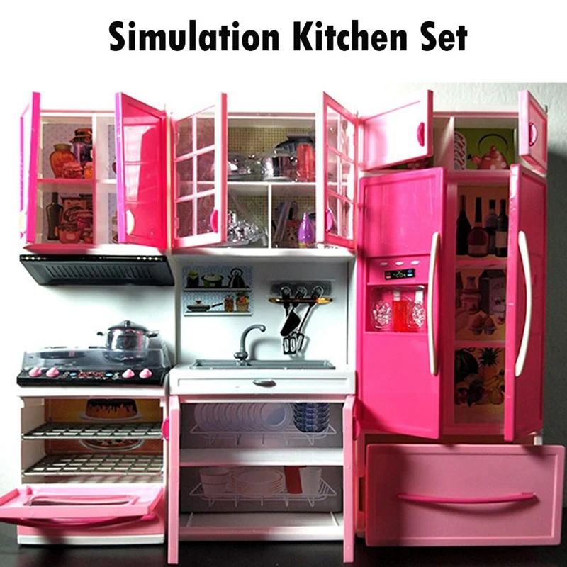 Simulation Kitchen Cabinets Set Children Pretend Play Cooking Tools Mini Tableware Sets Toys Girls Dollhouse Playset 2
