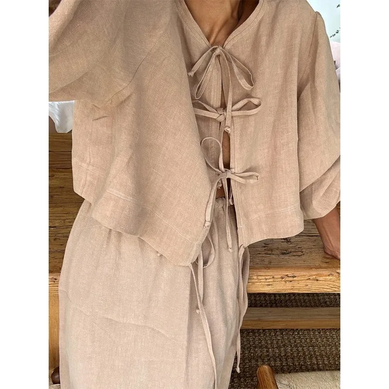 Summer Linen Lace-up Maxi Skirt Sets Women Causal O-neck Long Lantern Sleeve Skirts Suits 2024 New Female Holiday Beach Outfits