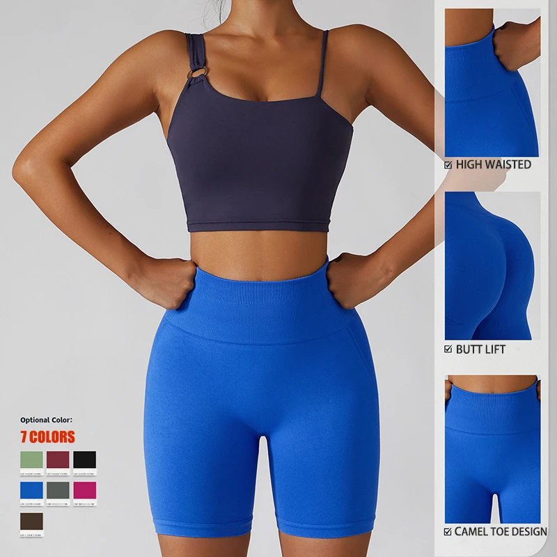 New Women's Tracksuit Yoga Shorts Set Gym Seamless Fitness Two Piece Set Workout Bra Cycling