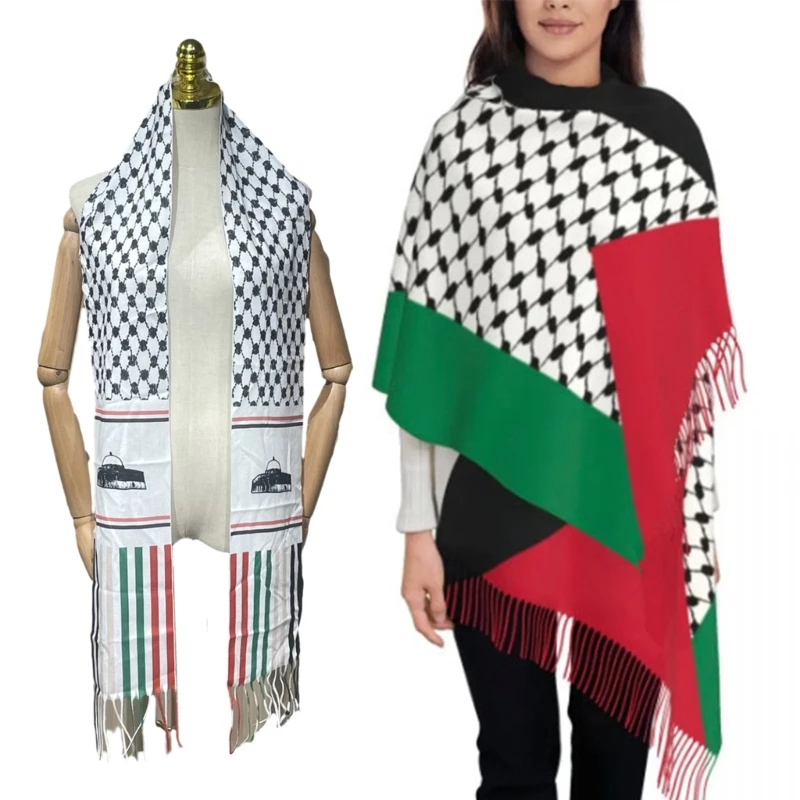 

Palestinian Pray Man Turban for Autumn Winter Windproof Scarf with Long Tassels