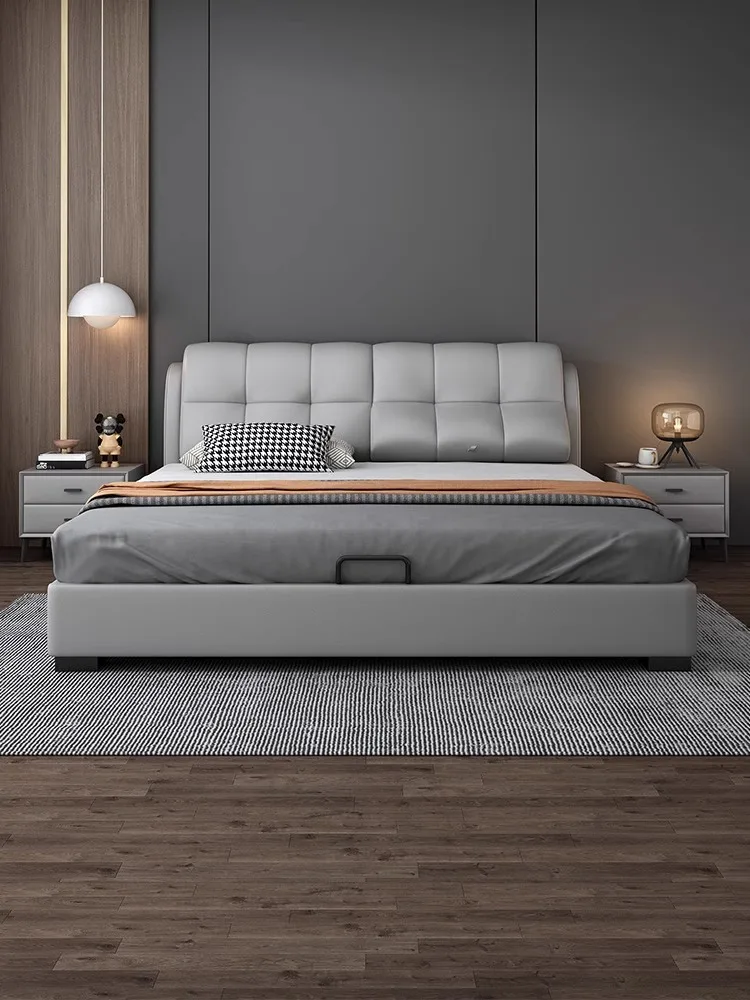 

Многофункциональная Кожаная кровать, современная простая искусственная роскошная кровать, для главной спальни, двуспальная кровать для хранения, обивка Свадебная кровать