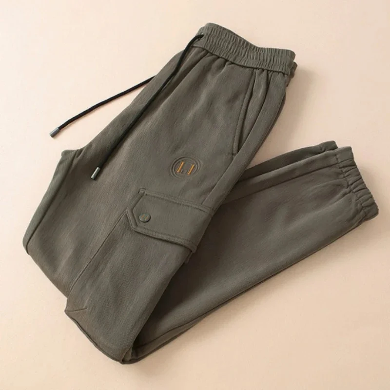 

Minglu Autumn Winter Elasticity Men's Pants High Quality Cotton Multi Pocket Elastic Waistband solid color Cargo Trousers