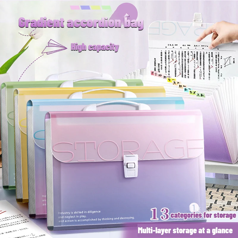File Storage Bag Portable Accordion Bag 13layer Student Test Paper Storage Large Capacity Information File Kawaii Gradient Color A4 document organizer