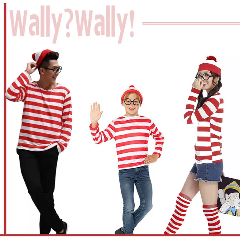 Wheres Waldo 줄무늬 셔츠, 청소년, 어린이, 소년, 월리 코스튬 셔츠, 안경 및 모자 양말, 남녀 성인, 할로윈 코스프레 코스튬