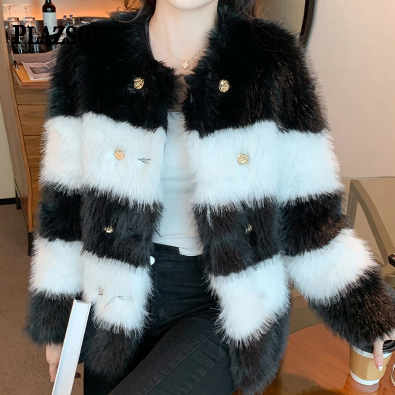 

PLAZSON пальто женское Faux Fur Coat Women Elegant Black White Striped Artificial Fur Jackets Button Overcoat Streetwear шуба