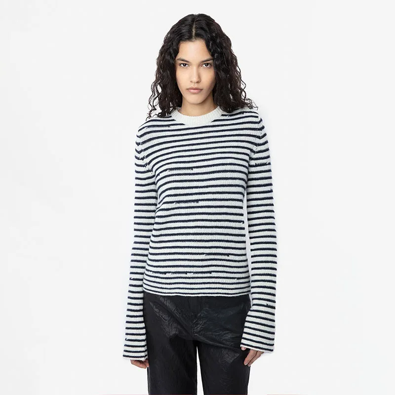 

Zadig Casual Jumpers Women Crew Neck Cashmere Winter Stripes Pullovers Tops Female Black White Buttons Long Sleeve Warm Sweaters