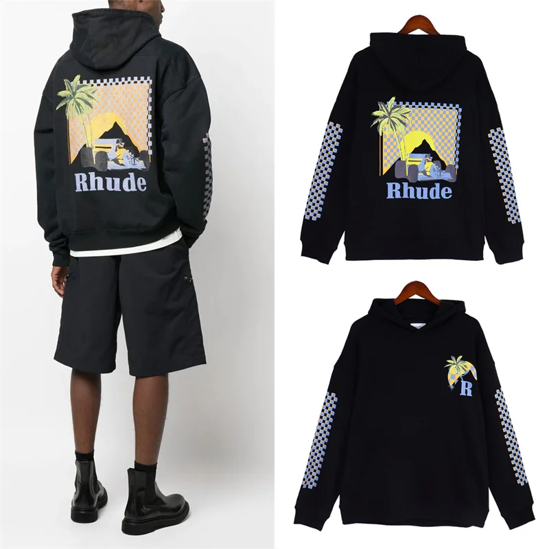 

RHUDE Black Plaid Print Hoodie Super Large Cotton High Street 1:1 Men's And Women's Sports Hoodie