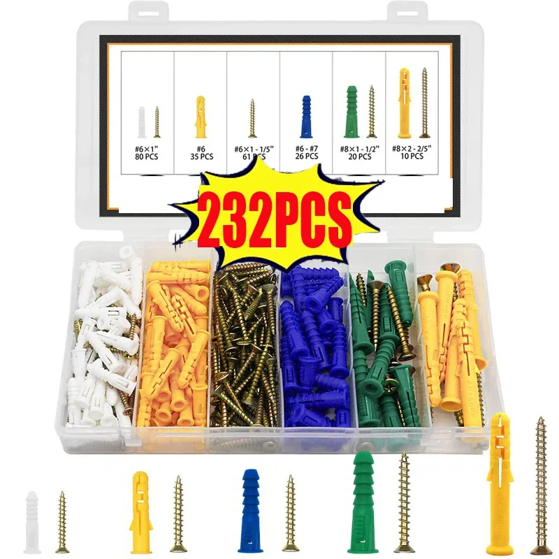 232PCS Plastic Self Drilling Ribbed Drywall Wall Anchors Screws Kit Wall Plug Anchor Expansion Bolt Pipe Column