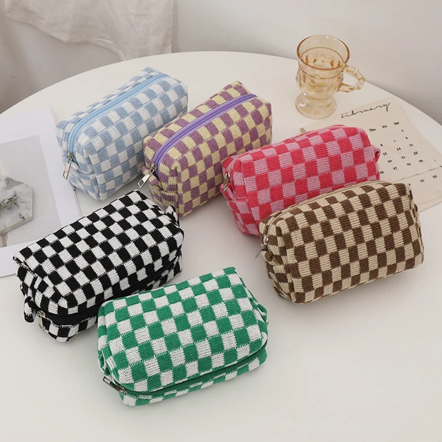 2Pcs Small Makeup Bag for Purse Checkered Cosmetic Bag Cute Makeup