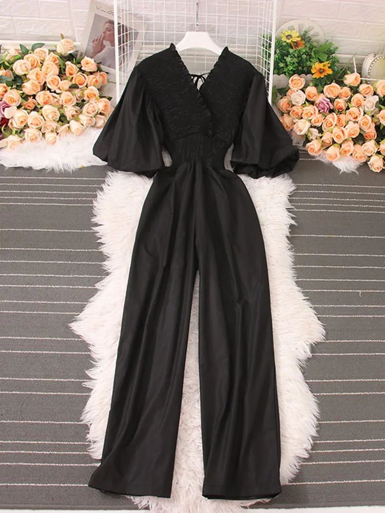 

Women Summer Jumpsuits Korean Version Vintage Style Bubble Short Sleeve V-Neck Slim Casual High Waist Wide Leg Jumpsuit D3412