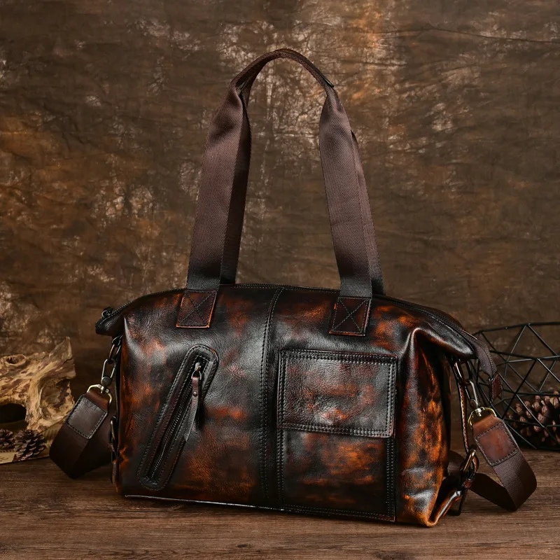 Vintage Leather Travel Tote for Men, Handcrafted with Top Layer Cowhide and Multiple Functions