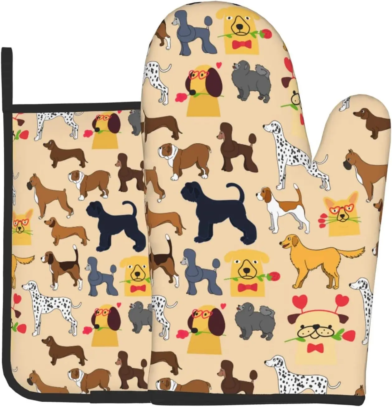 Dog with Flower Oven Mitts Pot Holders Set Heat Resistant Waterproof Gloves for Kitchen Cooking Baking BBQ