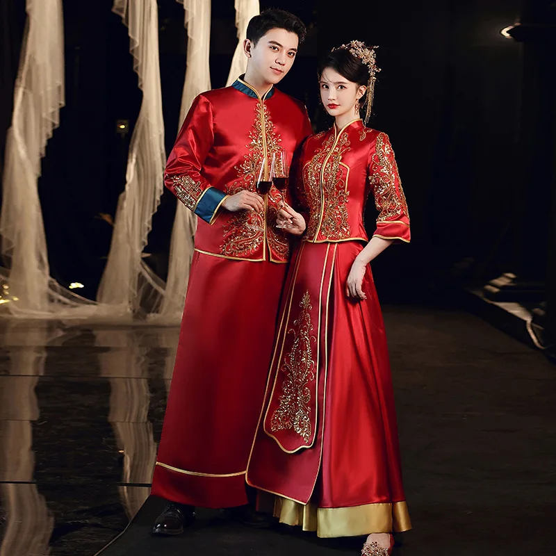 

Sequins Embroidery Chinese Traditional Wedding Cheongsam Bride Bridegroom Satin Qipao Dress китайская одежда
