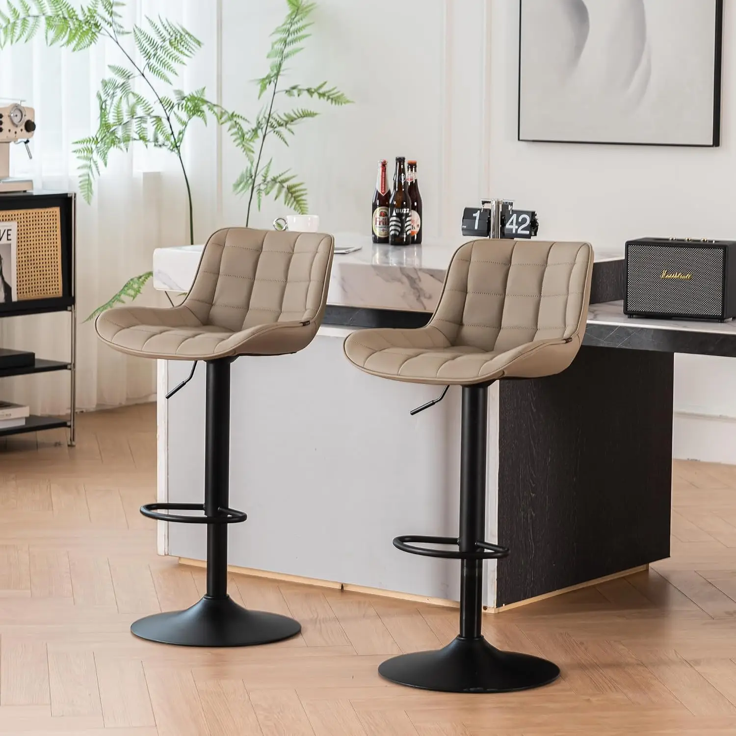 

YOUTASTE Khaki Bar Stools Set of 2 Counter Height Bar Stool with Back, PU Leather Upholstered Barstools Modern Adjustable