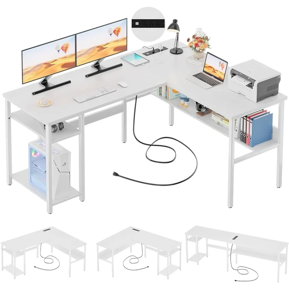 

Sturdy Corner Desk with Storage Shelves, Reversible L Shaped Computer Desk with Magic Power Outlets and USB Charging Ports