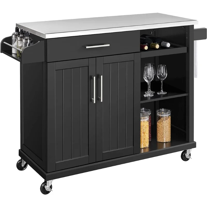 

Yaheetech Kitchen Cart with Stainless Steel Top and Storage Cabinet, Kitchen Island on Wheels with Drawer & Open Shelves & Wine