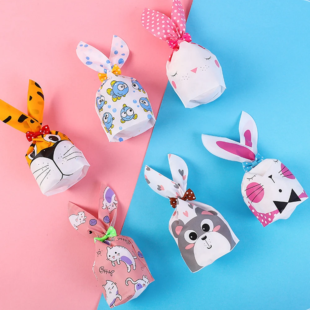50 Stück Plastik-Süßigkeitentüten Geschenktüten Niedliche Cartoon-Keks-Verpackungsbeutel Hasenohren-Tasche Geburtstagsparty-Verpackungszubehör – Detail 2