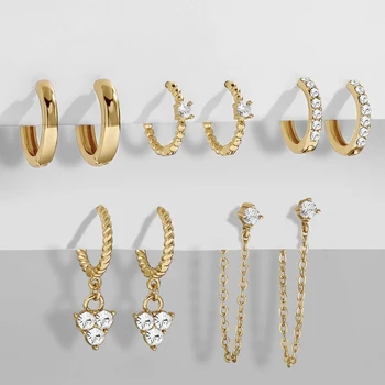 New Design CZ Zircon Crystal Small Hoops Set Gold Color Chain Earrings for Women Twist Beads Huggie Fashion Jewelry Brincos 2022