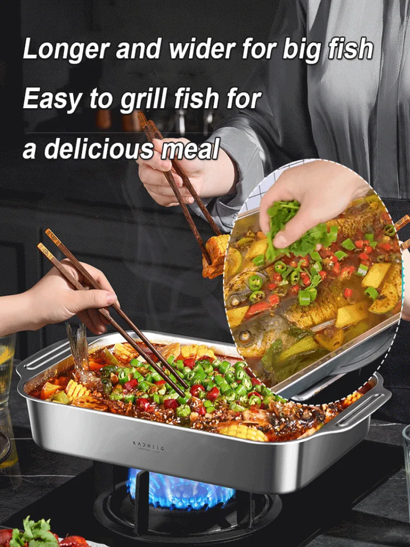 Large Capacity Stainless Steel Thickened Deepened Multi-Purpose Fish Grilling Plate With Lid Household Multipurpose Grill Pan