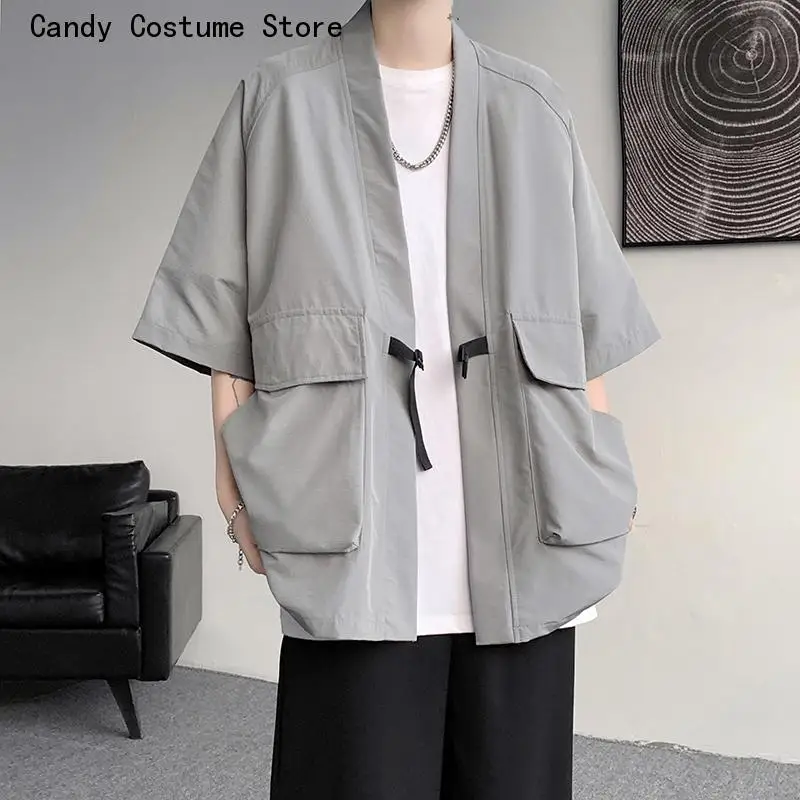 Kimono Cardigan Menfashion Men's Oversize Shirts Popular Japanese Big Pocket Shirt Top Costume Men Clothing