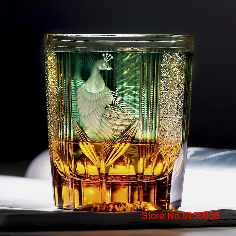Description Picture 6 of itemJapanese Style Luxury Edo Kiriko Wine Glass Green Blue Krystal Whisky Tumbler Handmade Engraving Peacock Whiskey Drinking Cup