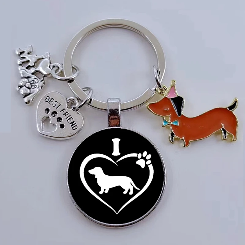 Esmalte Dachshund Dog Keychain, adorável pet pata, vidro cabochão chaveiro, eu amo meu cachorro pingente, presente muito bonito