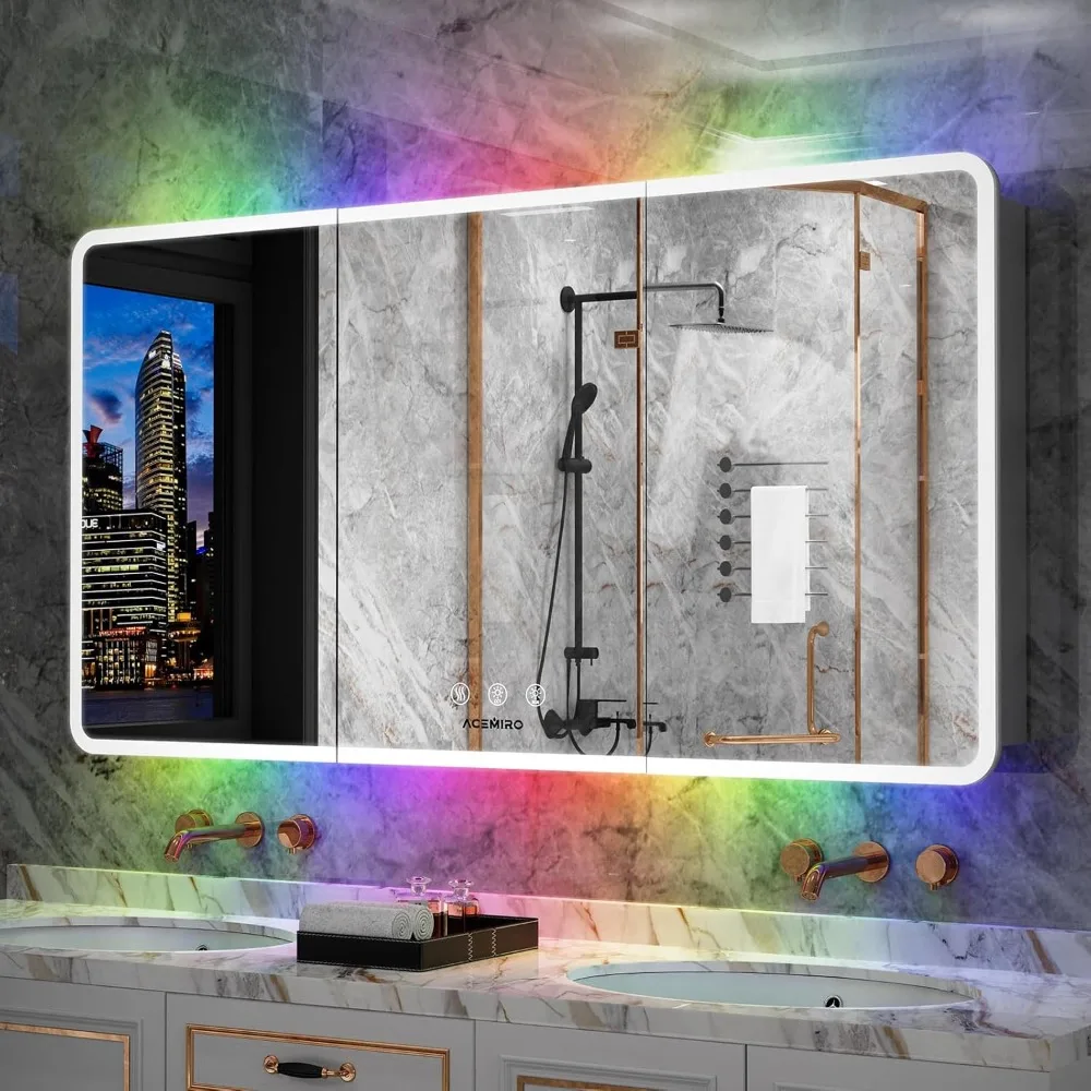 60&times;32 Inch Medicine Cabinet With Lights Bathroom Furniture Three Door LED Bathroom Medicine Cabinet With RGB Backlit+Front Light
