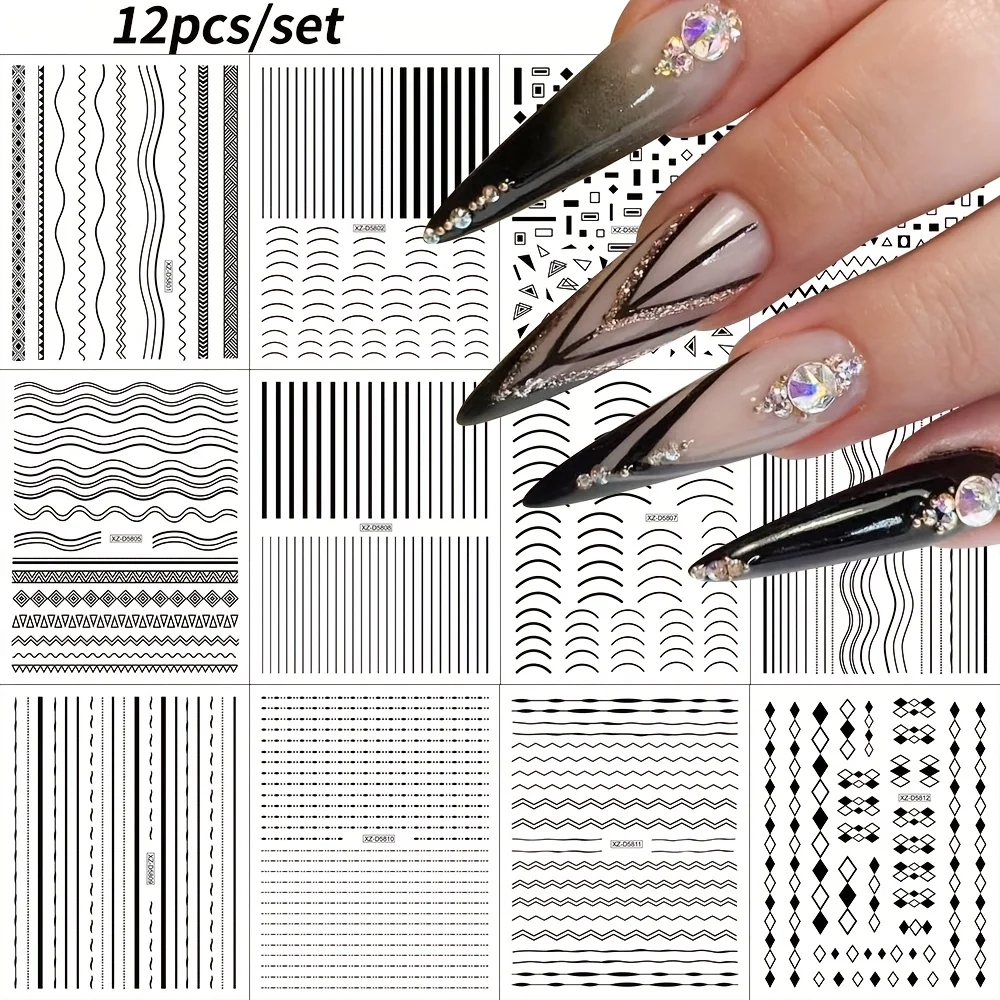 12-piece self-adhesive glossy black and white stickers - 3D stripes and geometric patterns, easy-to-apply DIY nail stickers, - 2