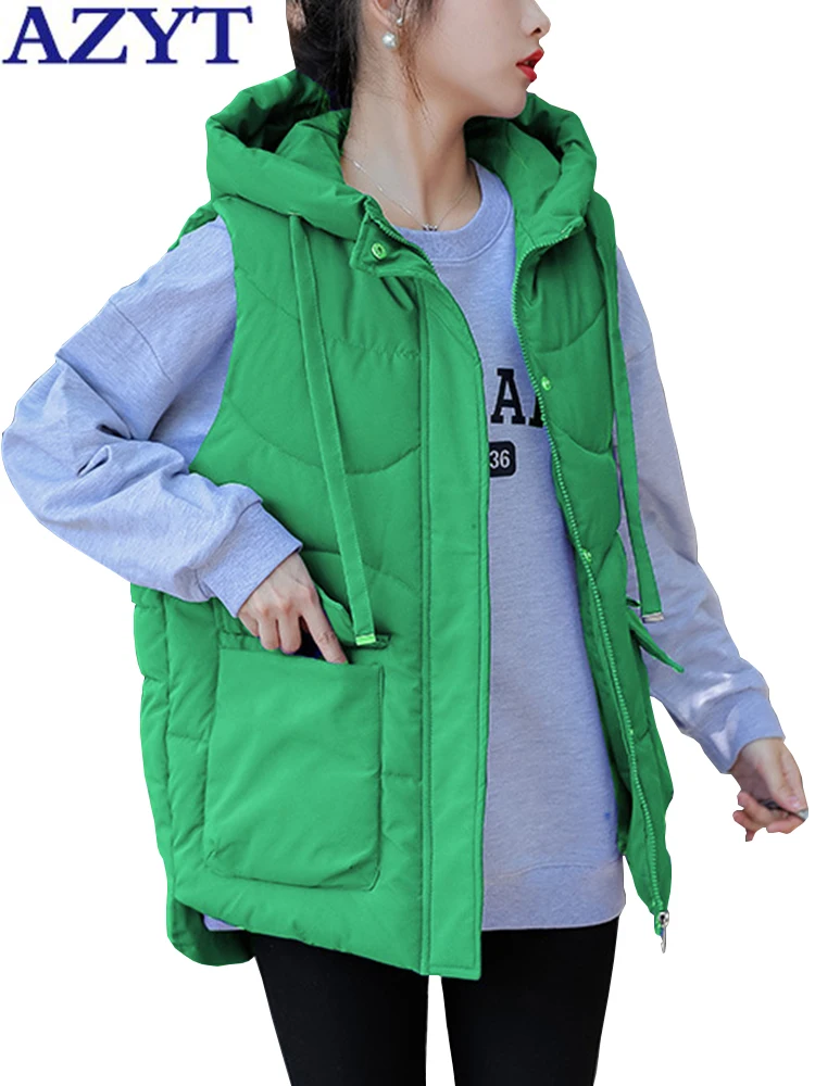 Azyt Women Cotton Padded Vest 2022 Hooded Winter Sleeveless Jacket