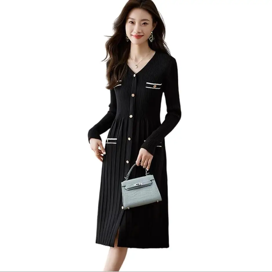 

2023 Autumn Knitted Dress Women's V-Neck Single-Breasted Casual Pullover Sweater Vestidos Elegant Simple Office A-Line Dresses