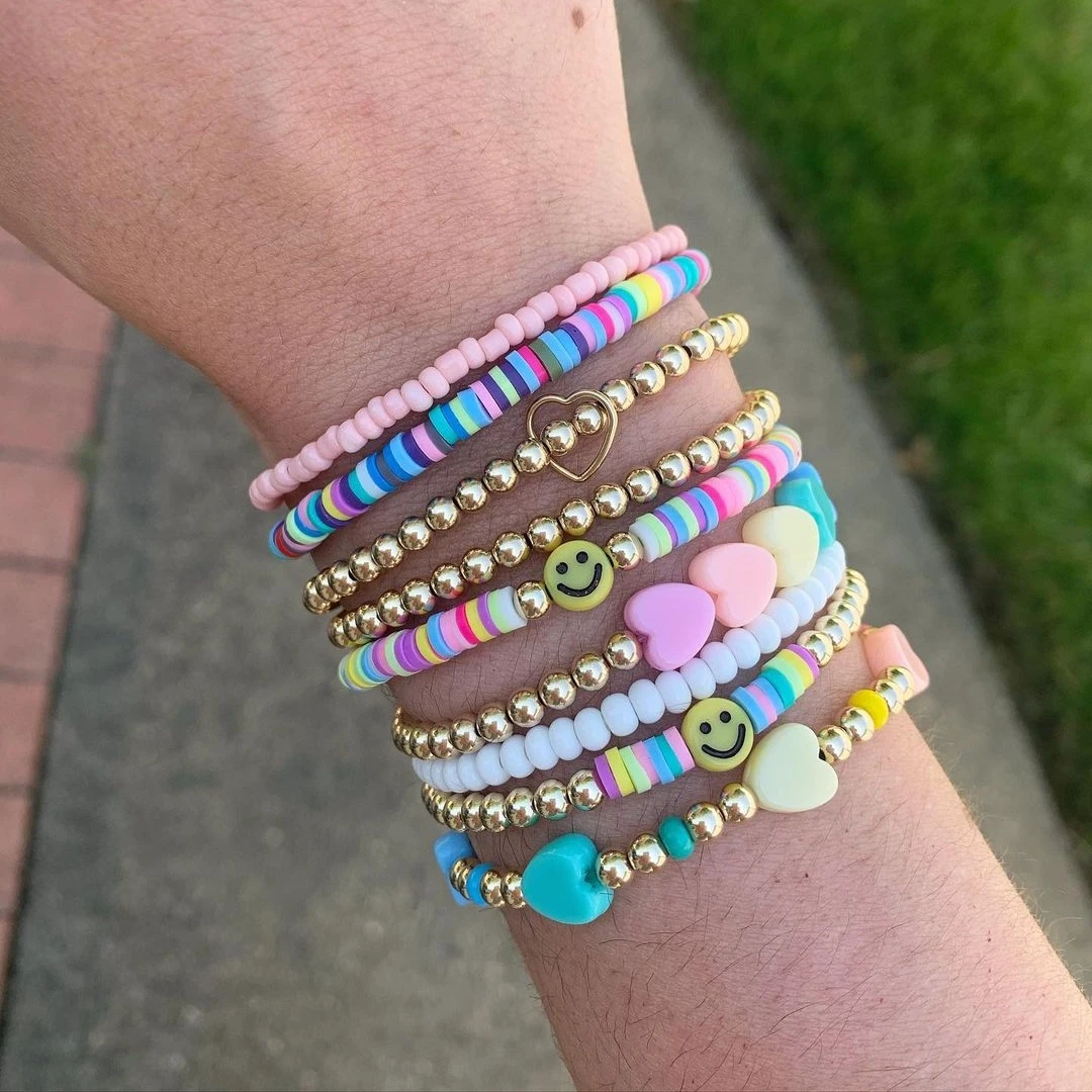 Gold Disc Beads & Dusty Pink Clay Beaded Bracelet