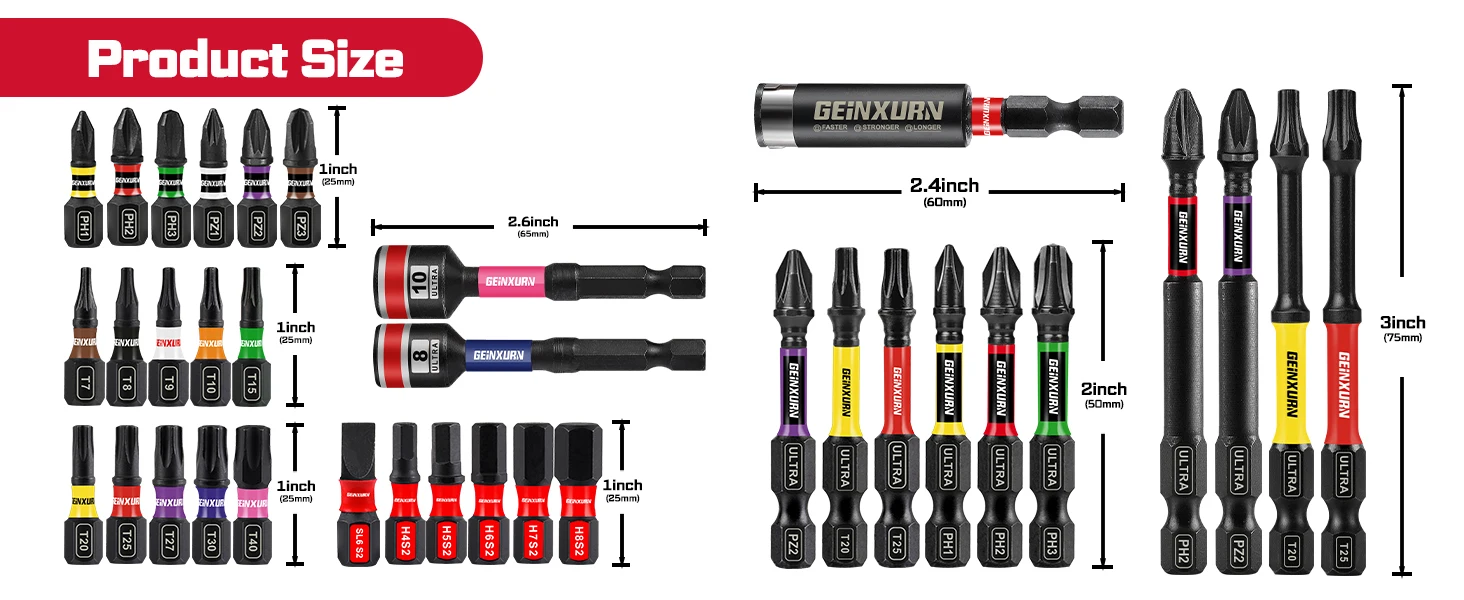 Geinxurn Ultra-Drehmoment-Schlagschrauber-Bit-Set (PH/PZ/Torx/Hex), Gemischte Multi-Einsatz-Bit-Spitzen mit Bithalter und Aufbewahrungsbox – Detail 2