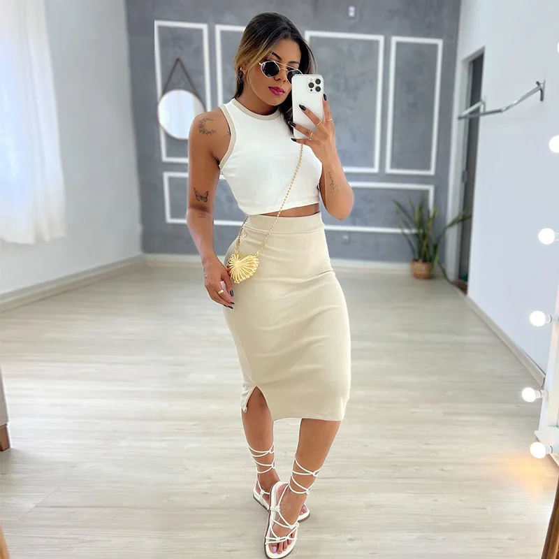 

Zoctuo Women's Clubbing Outfits Fashion Knitted Round Neck Tank Top 2 Piece Sets 2023 New High Waist Hem Split Skirt Office Lady