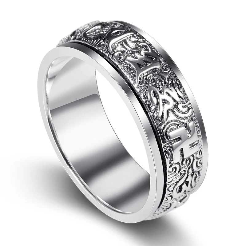 Timeless Silver 925 Rotating Men's Ring with Six-Character Mantra Design