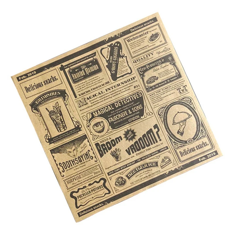 ABYP 400Pcs English Newspaper Greaseproof Paper Snack Paper Oil-Absorbent French Fries Sandwich Wrapping Paper, Yellow