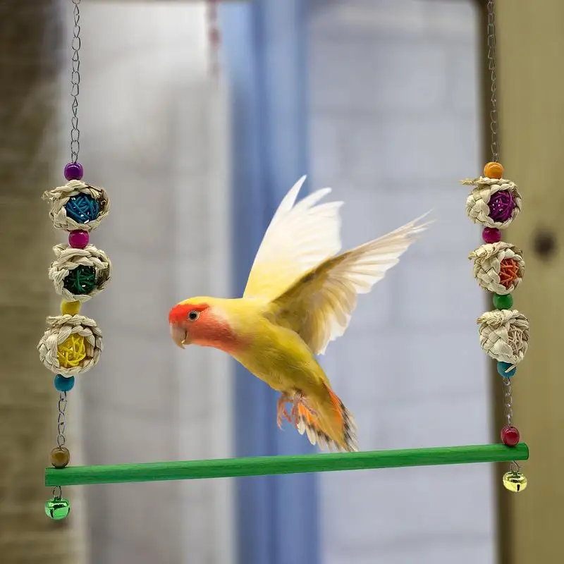 Natural Wooden Birds Perch Parrots Hanging Swing Cage Toys Stand Holder Pendant With Colorful Beads Chewing Toy