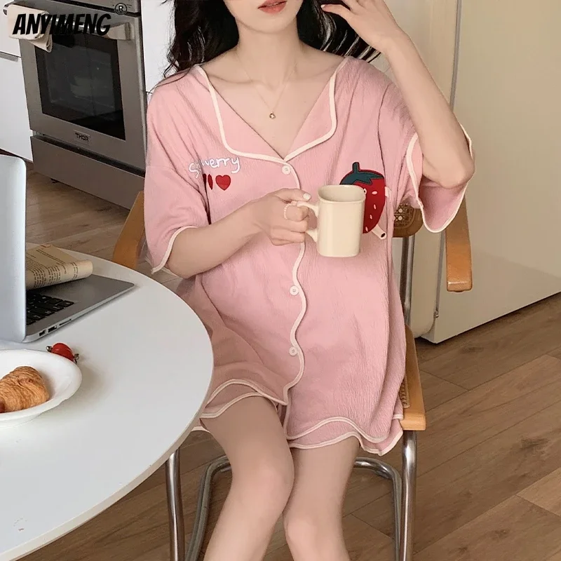 Princess Style Navy Lapel Summer Women Pijamas Crew Neck Knitted Cotton Girl Sleepwear Woman Pajamas Set Chic Short Dressing
