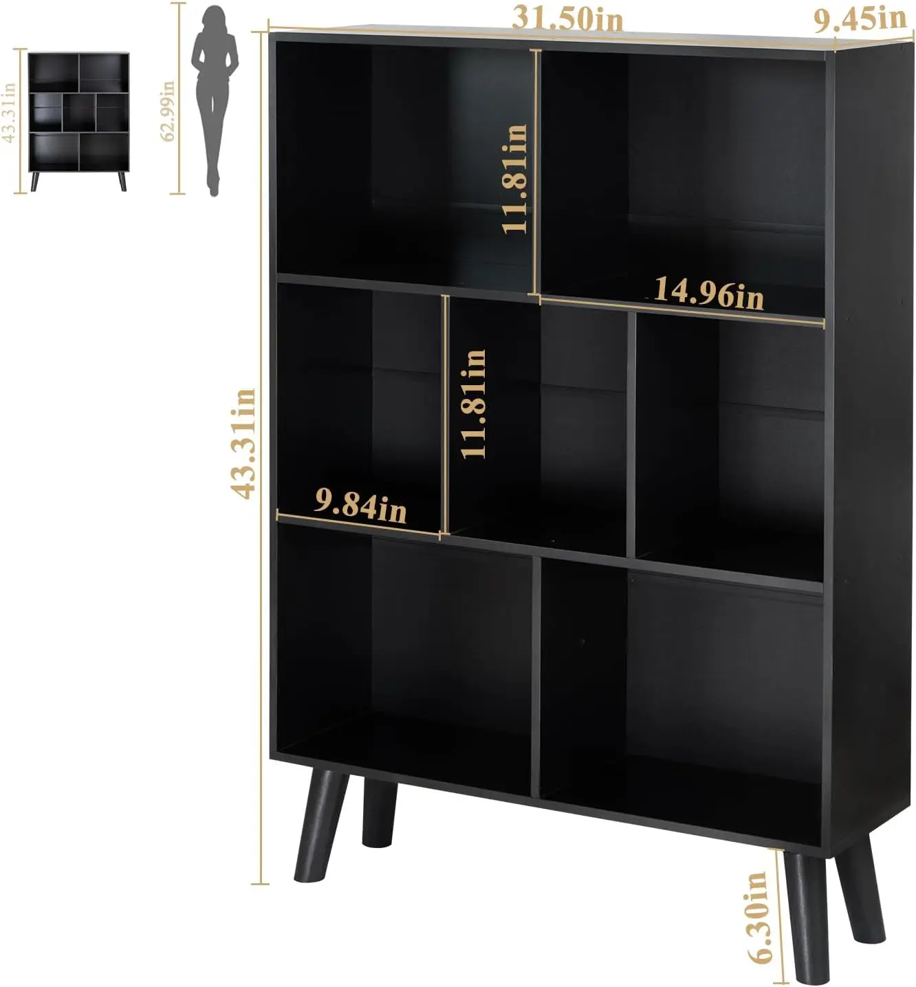 Black Bookshelf,3 Tier Modern Bookcase with Legs,Bookshelves Wood Storage Shelf, Open Book Shelves Cube Organizer 3