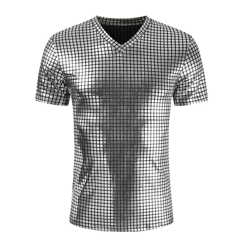 Camisetas a cuadros brillantes de los 70 hombre, camisa Hipster de y con cuello de pico de manga corta para DJ, Club, Hip Hop, ropa de calle| | - AliExpress