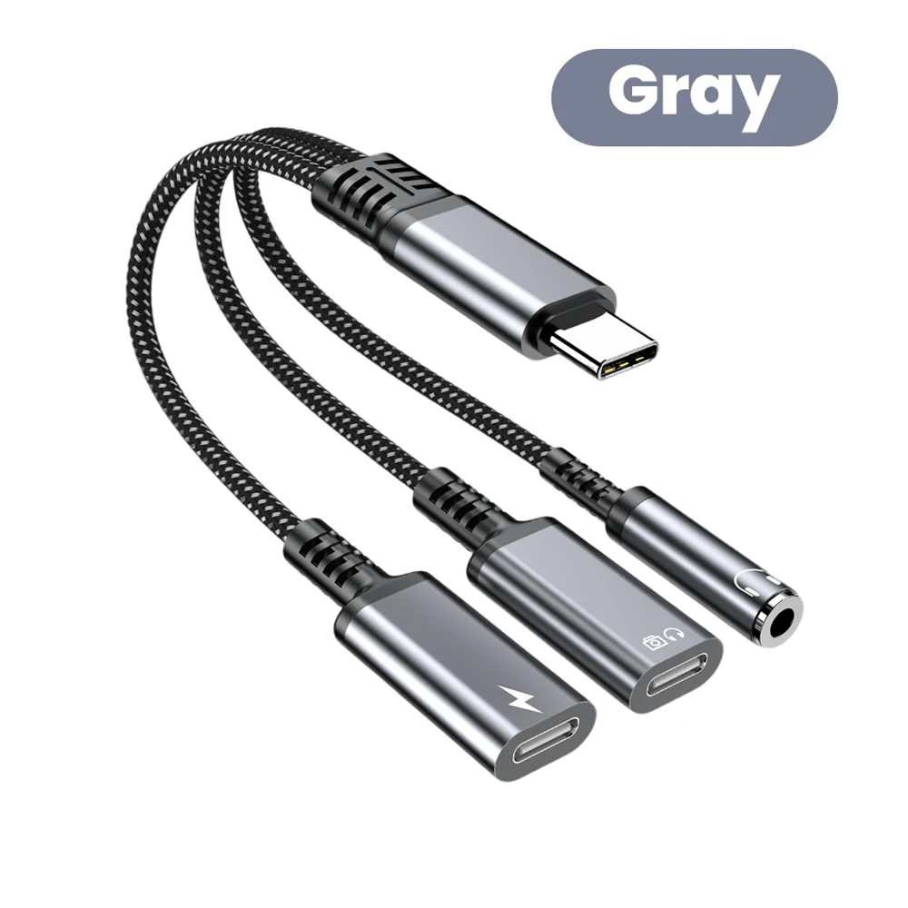 3 in 1 PD 60W USB C to 듀얼 타입 C 3.5mm AUX 오디오 어댑터 고속 충전 헤드폰 동글 (아이폰 16, 삼성 케이블 보호 기능 포함)